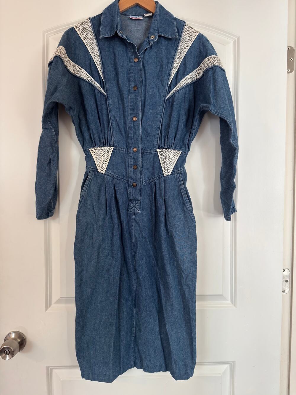 Vintage 80s Avon Fashions Denim Midi Dress Snake Skin Print Accent 7/8
